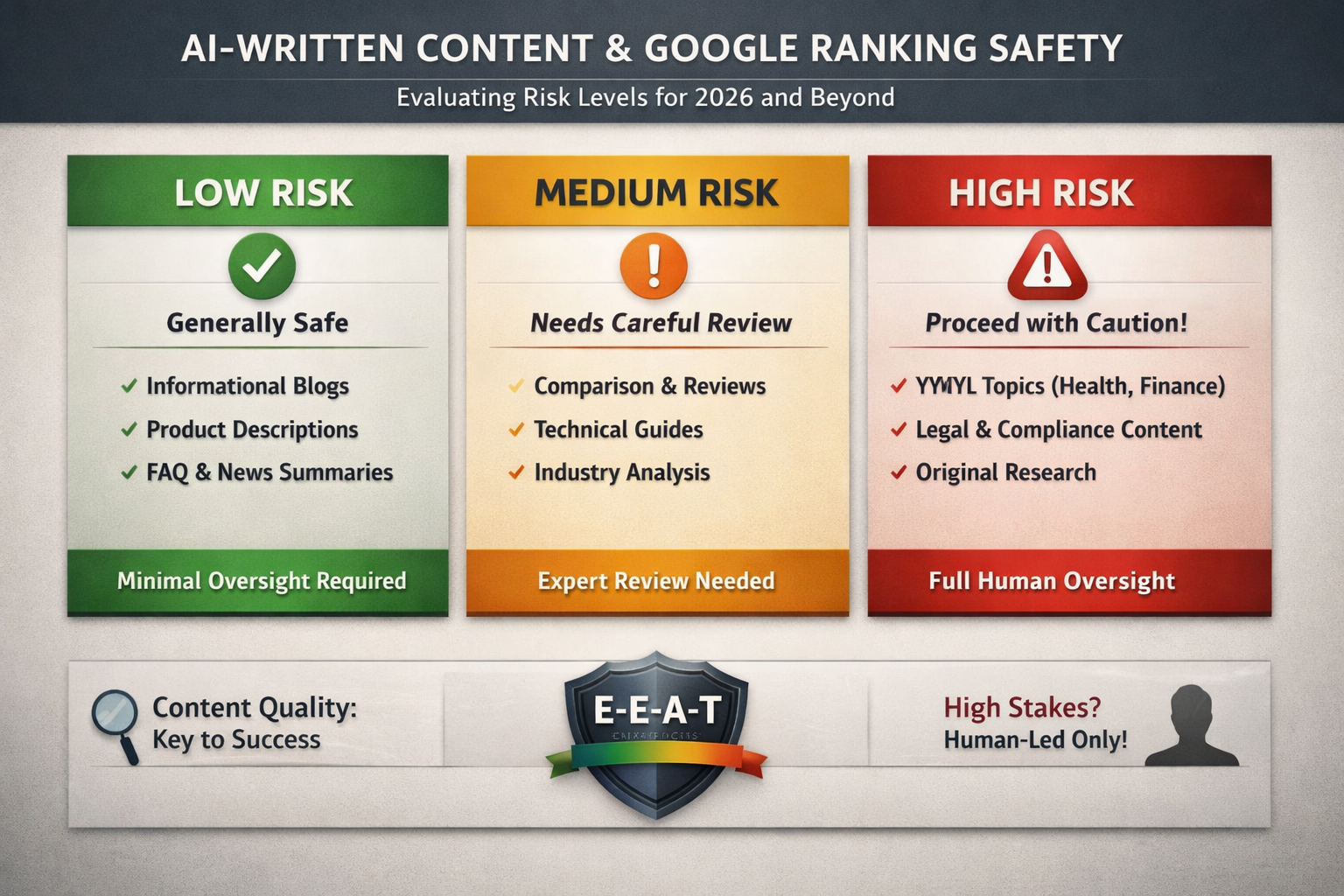 Chart comparing low, medium, and high risk levels for AI-written content and Google ranking safety
