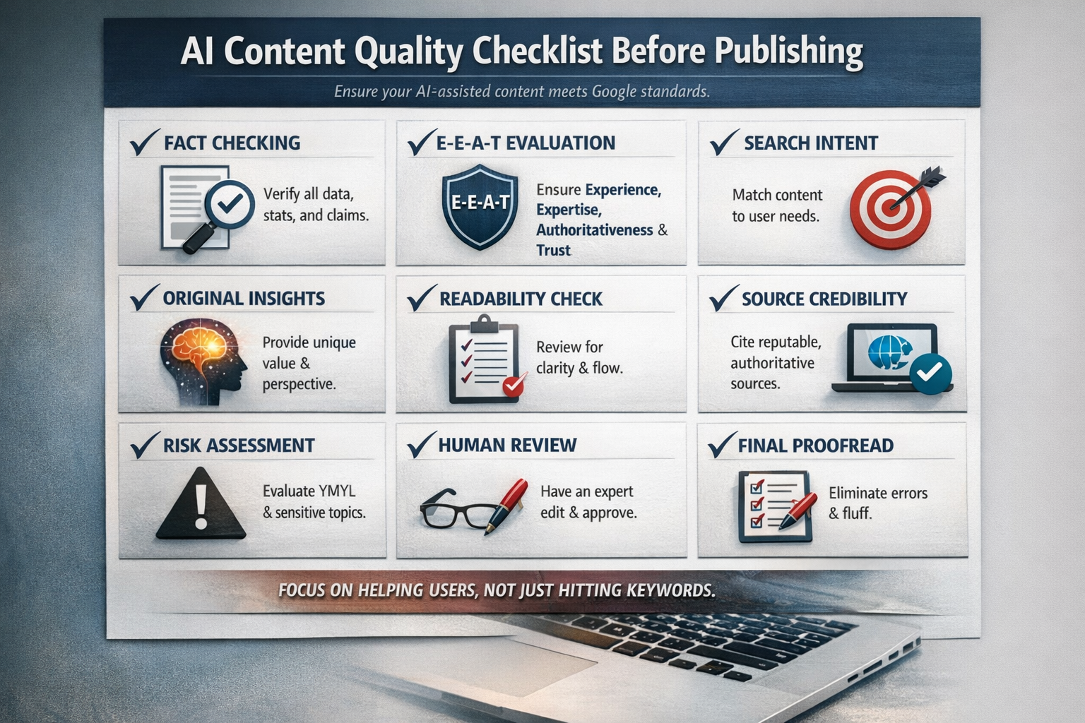 Visual checklist showing verification steps for AI-written content before publishing to meet Google standards