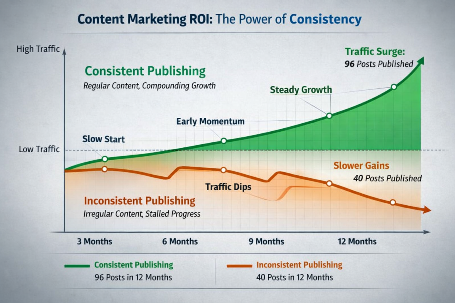 Content marketing ROI timeline showing compounding organic traffic growth with consistent publishing versus inconsistent
