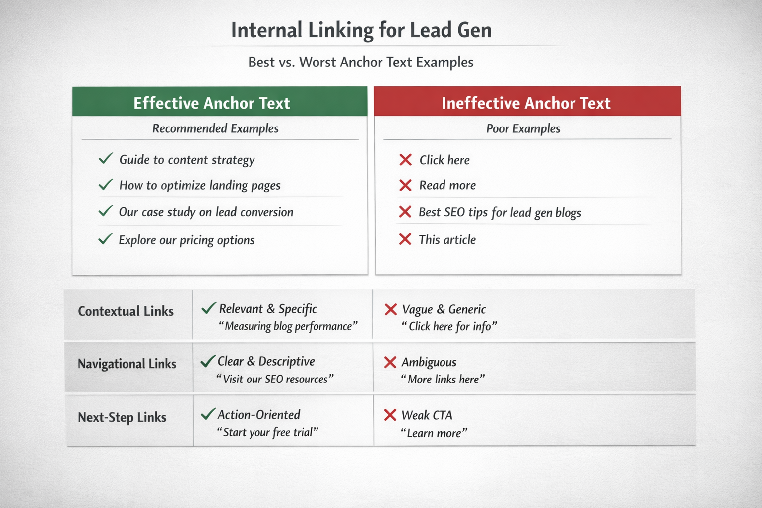 Comparison chart showing effective and ineffective anchor text examples for internal linking for lead gen