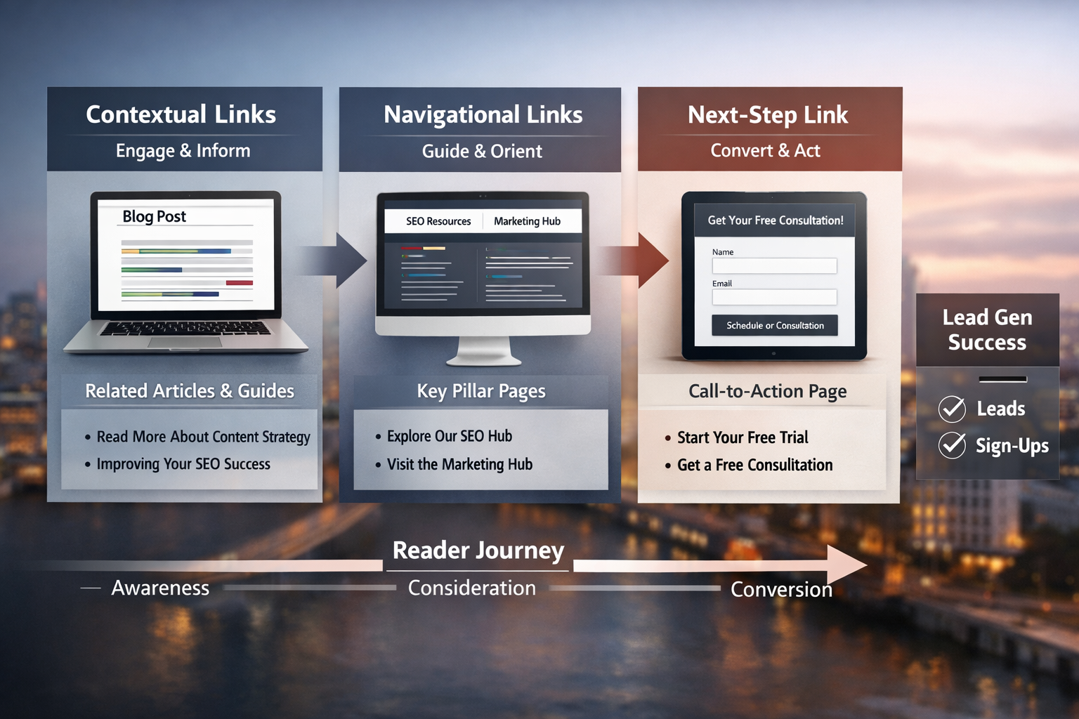 Visual representation of reader journey through internal linking for lead gen from blog post to conversion page