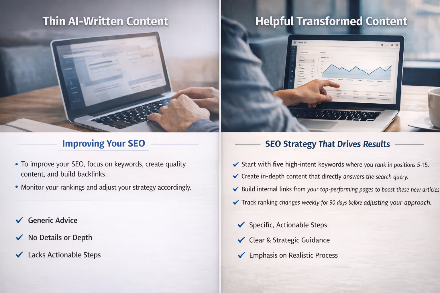 Side-by-side comparison showing thin AI-written content versus helpful transformed content for Google