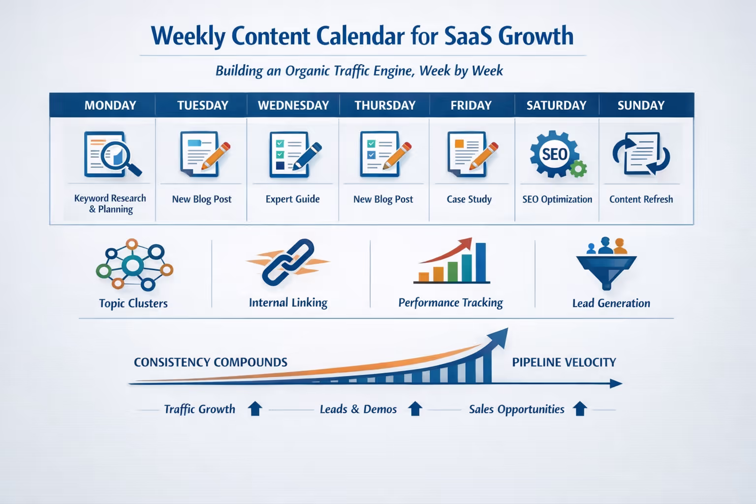 Content calendar showing consistent weekly publishing schedule for building an organic traffic engine for SaaS growth