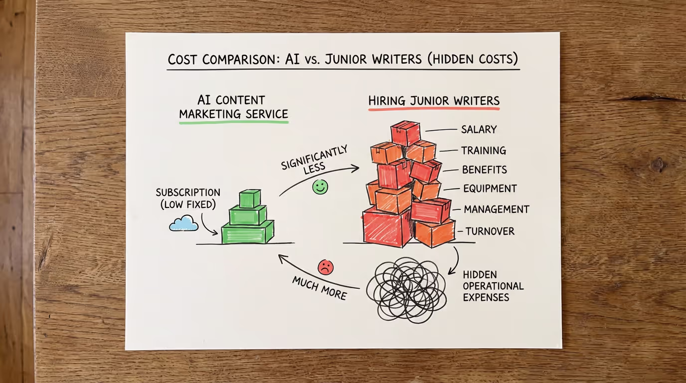 Cost comparison chart showing AI content marketing service versus hiring junior writers with hidden operational expenses