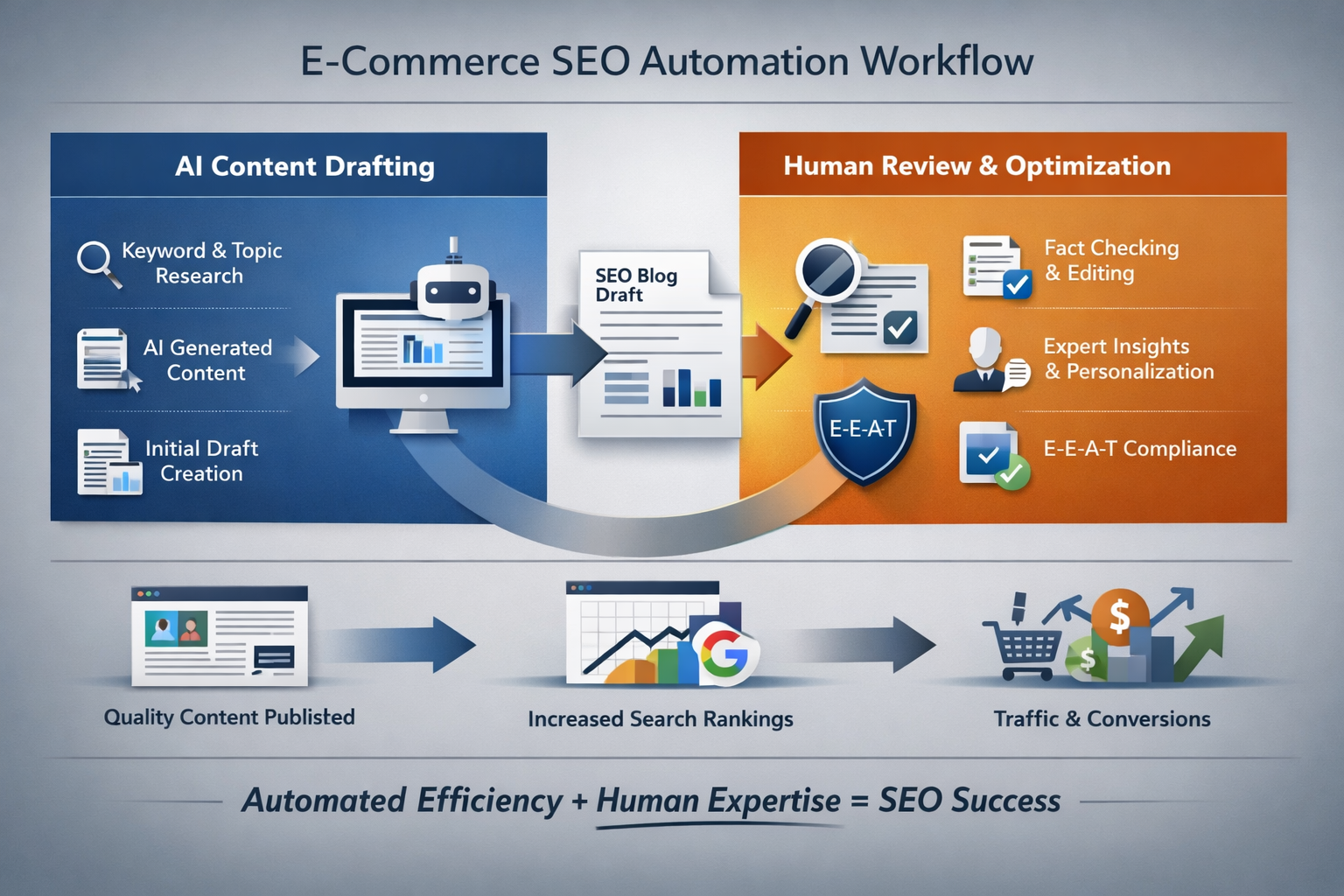 E-commerce SEO automation workflow showing AI drafting and human review stages
