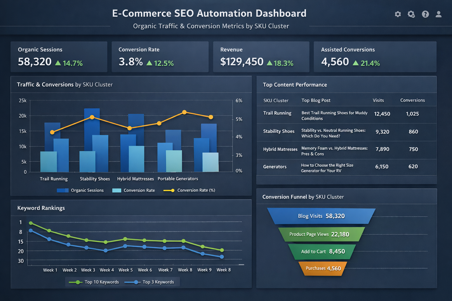 E-commerce SEO automation dashboard showing organic traffic and conversion metrics by SKU cluster