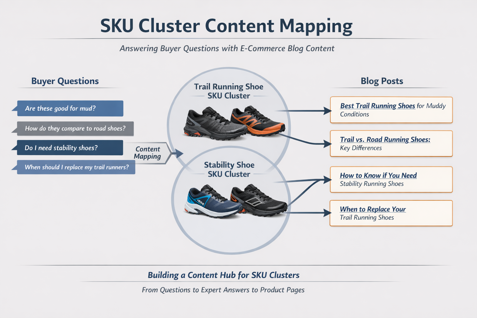 SKU cluster content mapping diagram showing buyer questions mapped to e-commerce blog posts