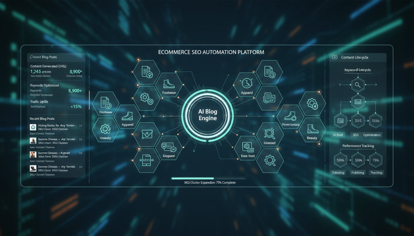 E-commerce SEO automation dashboard showing automated blog engine generating content across SKU clusters