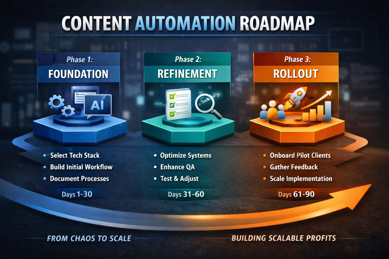 Three-phase implementation roadmap for content automation showing foundation, refinement, and rollout