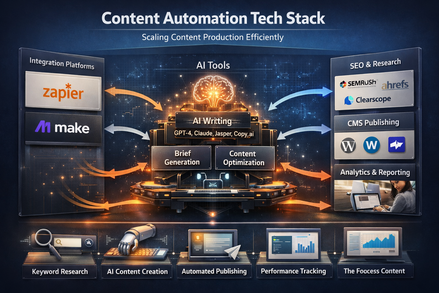 Visual representation of content automation tech stack including integration platforms and AI tools
