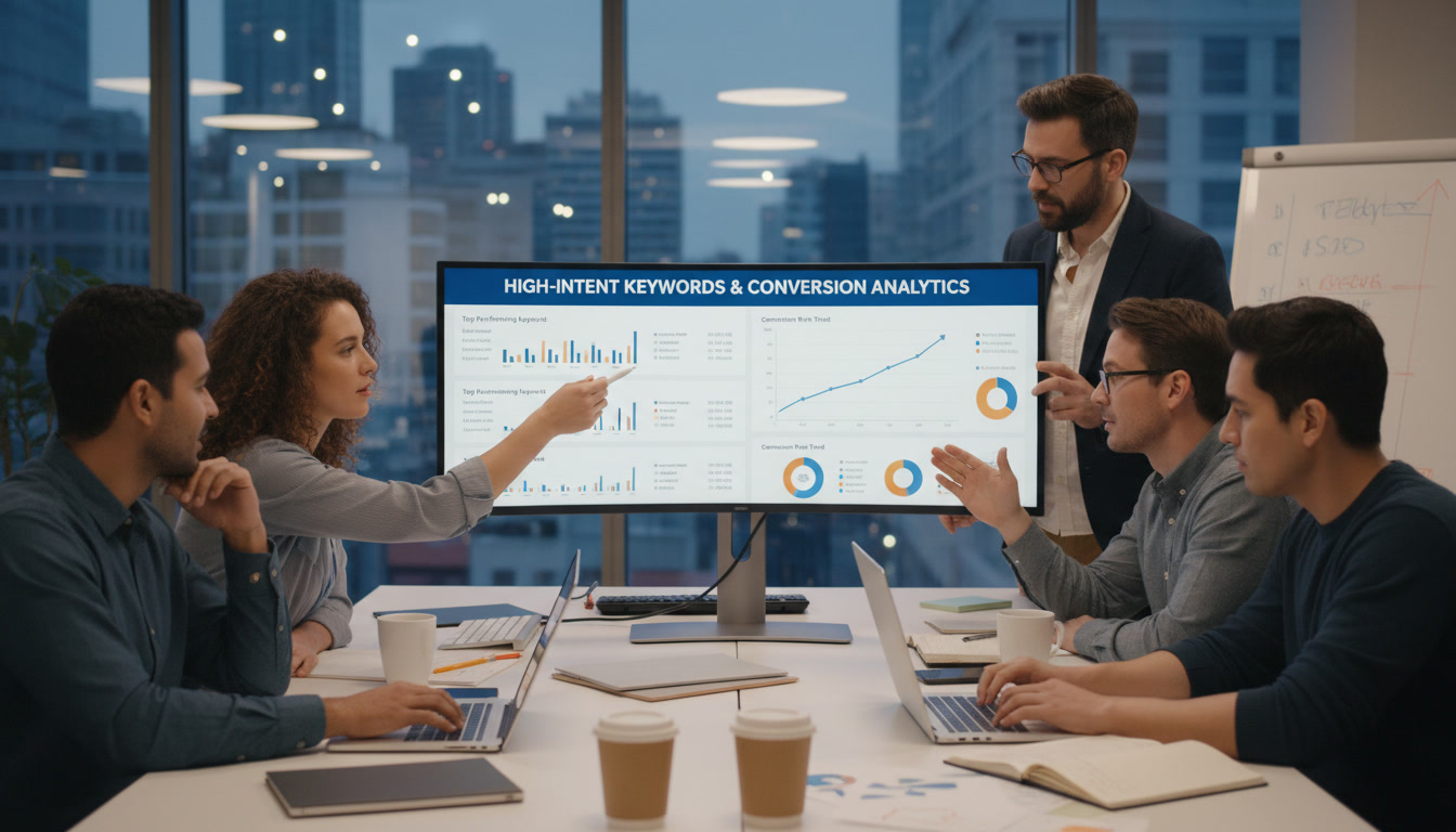 SaaS marketing team analyzing high-intent saas keywords and conversion data on computer screens