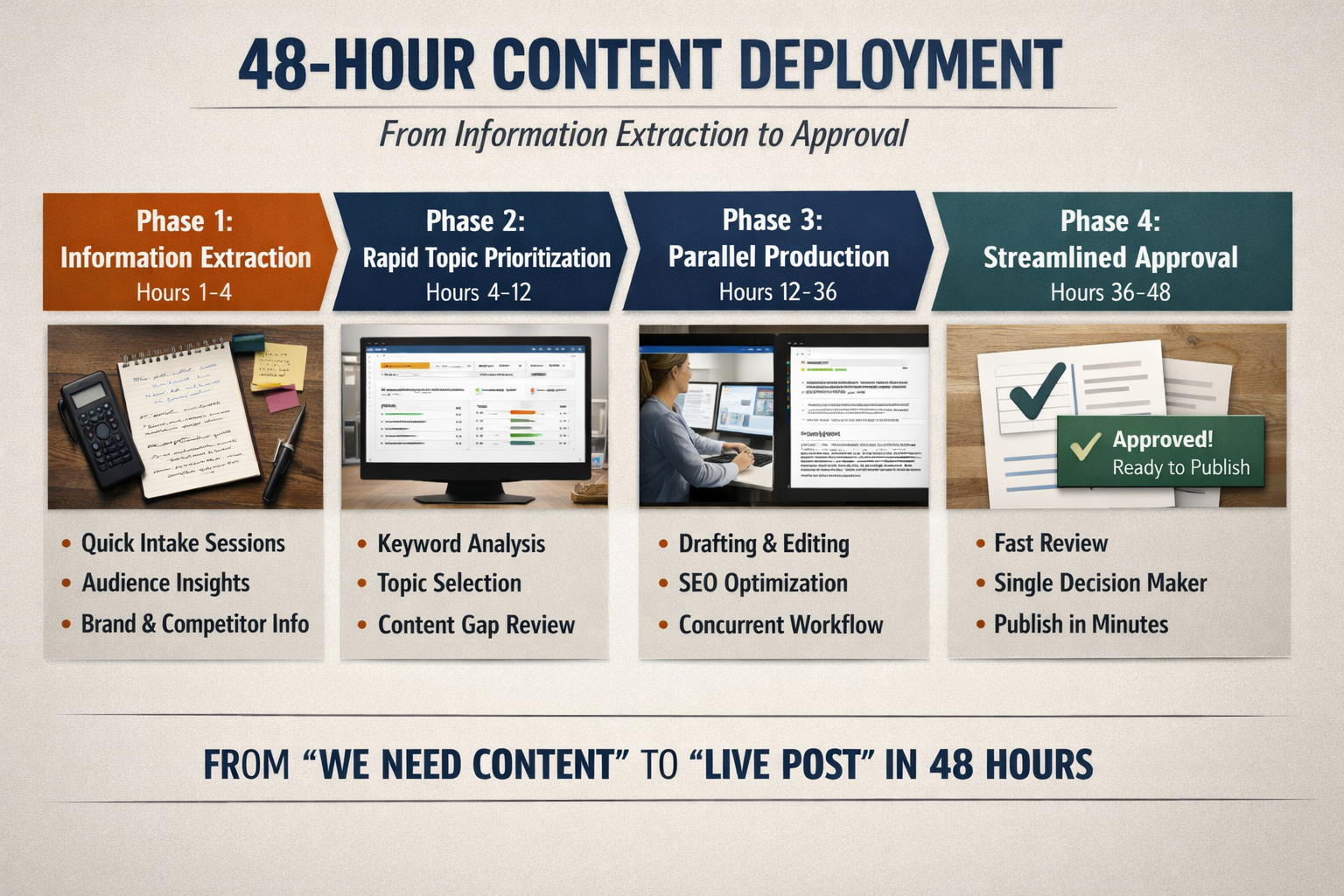 Four-phase framework showing 48-hour content deployment from information extraction to approval