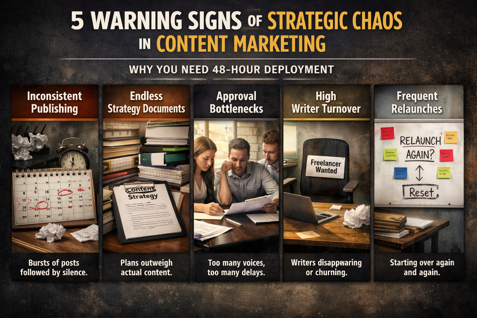 Five warning signs indicating strategic chaos in content marketing workflows requiring 48-hour deployment
