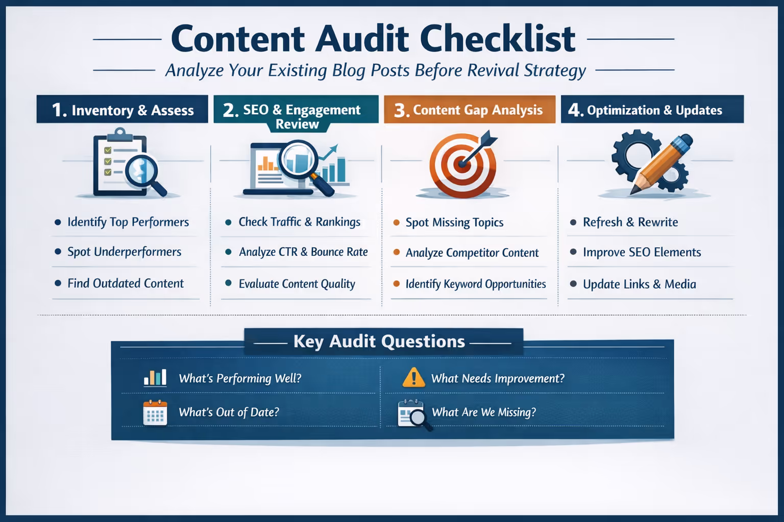 Content audit checklist showing steps to analyze existing blog posts before revival strategy