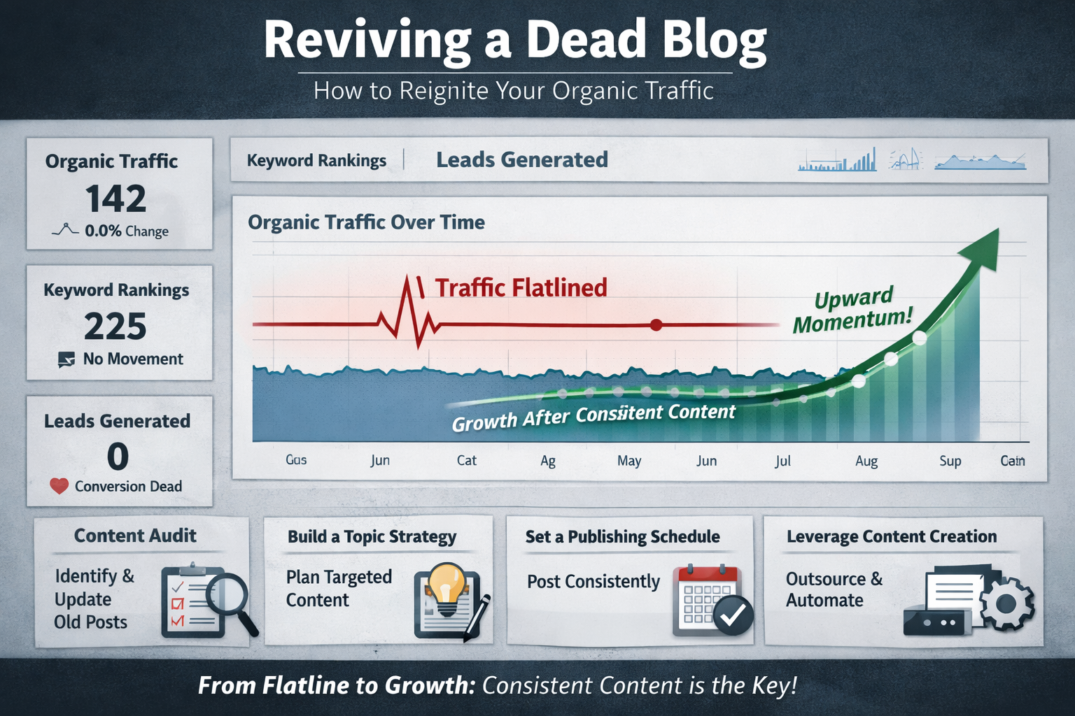 Analytics dashboard displaying flatlined organic traffic metrics demonstrating how to revive a dead blog