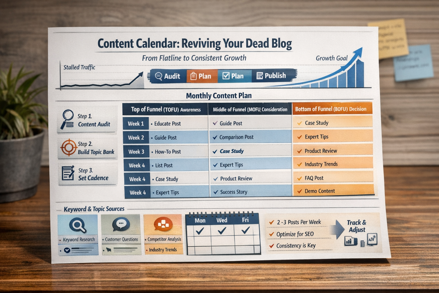  Content calendar template showing strategic topic planning to revive a dead blog through consistency