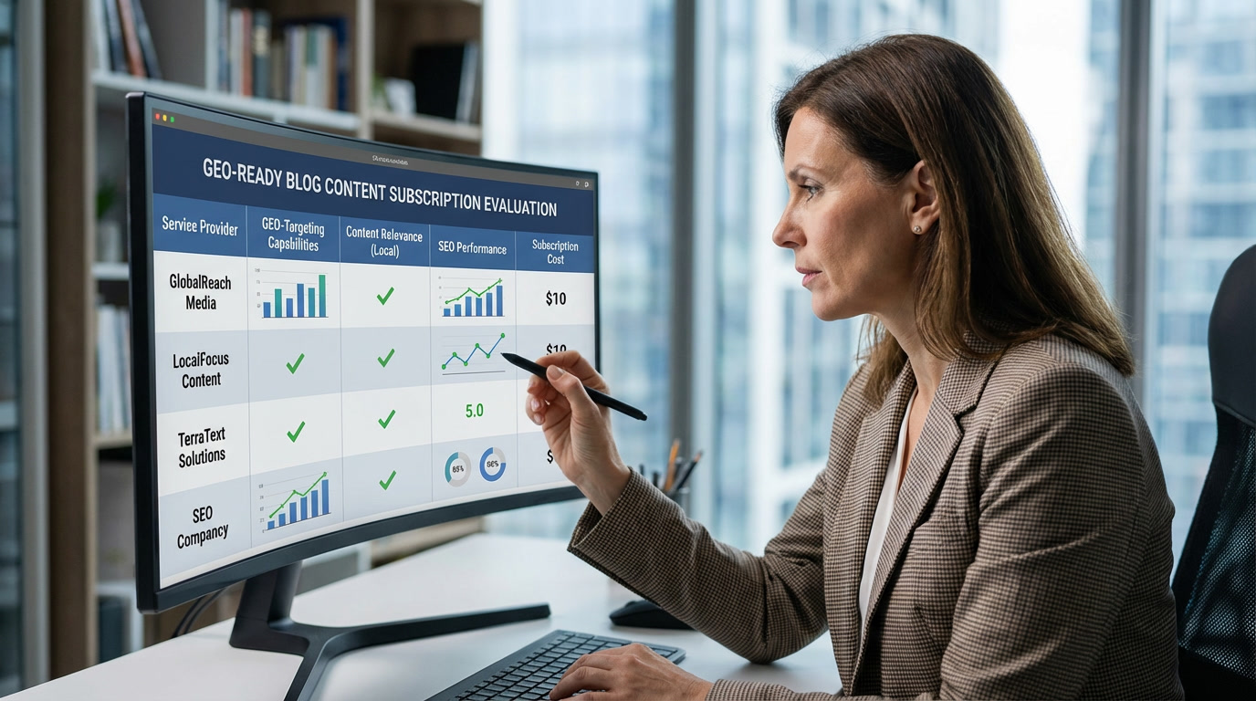 Business professional evaluating GEO-ready blog content subscription services using a digital scorecard on laptop