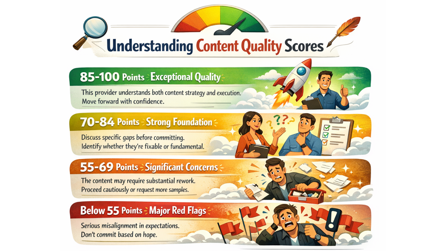 Guide showing how to interpret content quality scores from 0-100 points with action recommendations