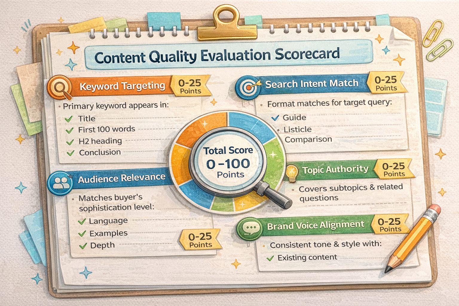 Content quality evaluation scorecard showing four categories with 25-point scoring for each section