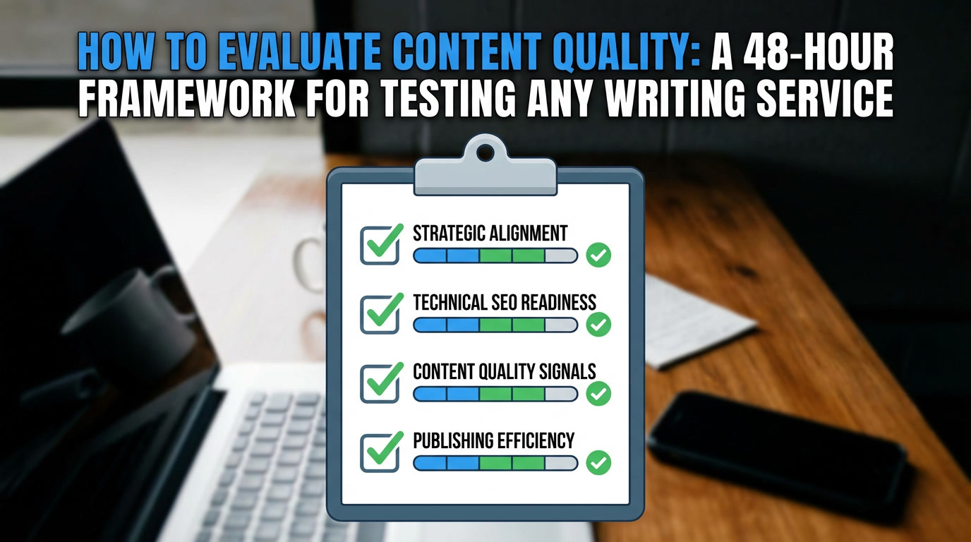 Evaluate Content Quality - Content quality evaluation framework scorecard showing strategic alignment, technical SEO readiness, content quality signals, and publishing efficiency categories