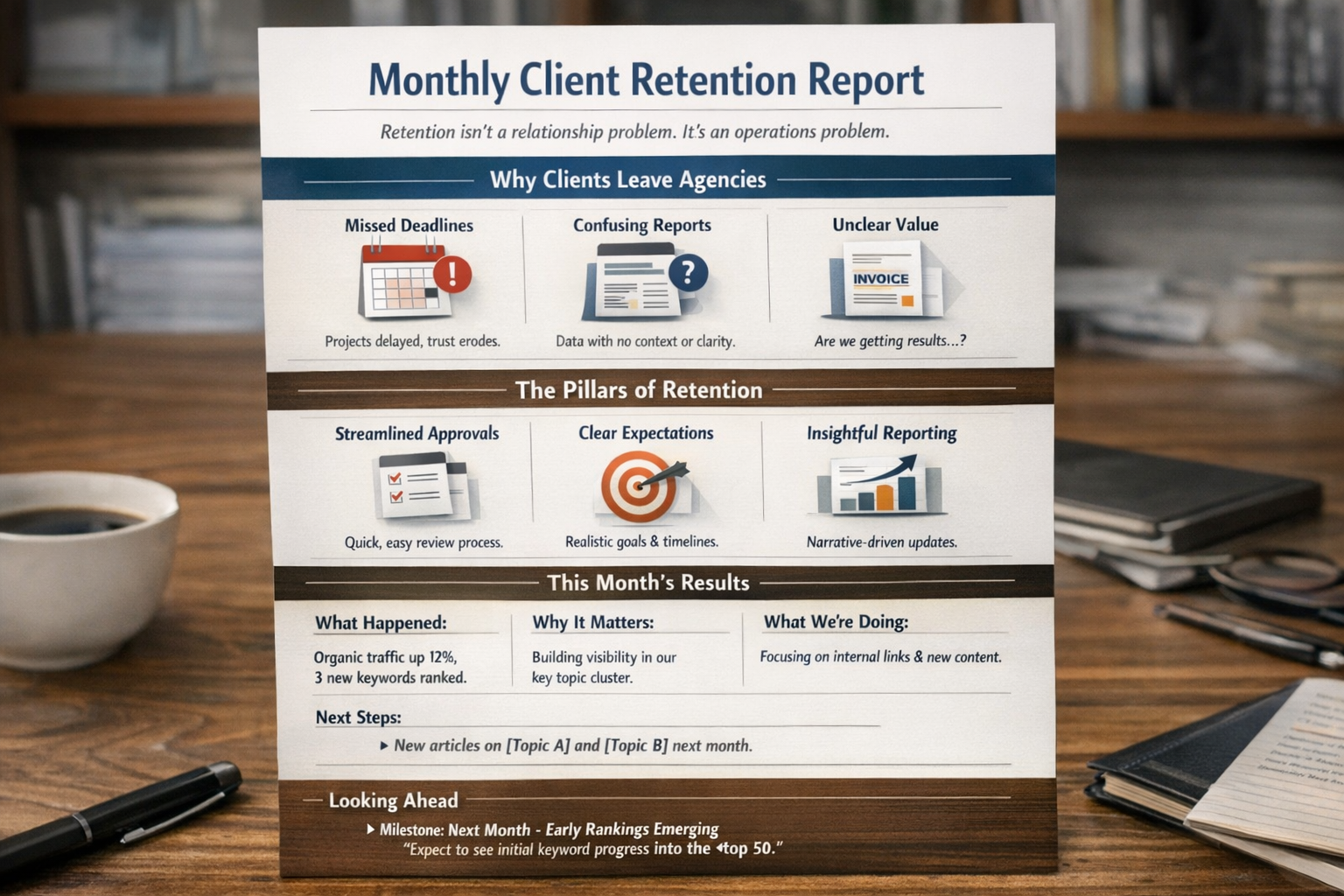 Example of agency client retention monthly reporting framework with narrative structure