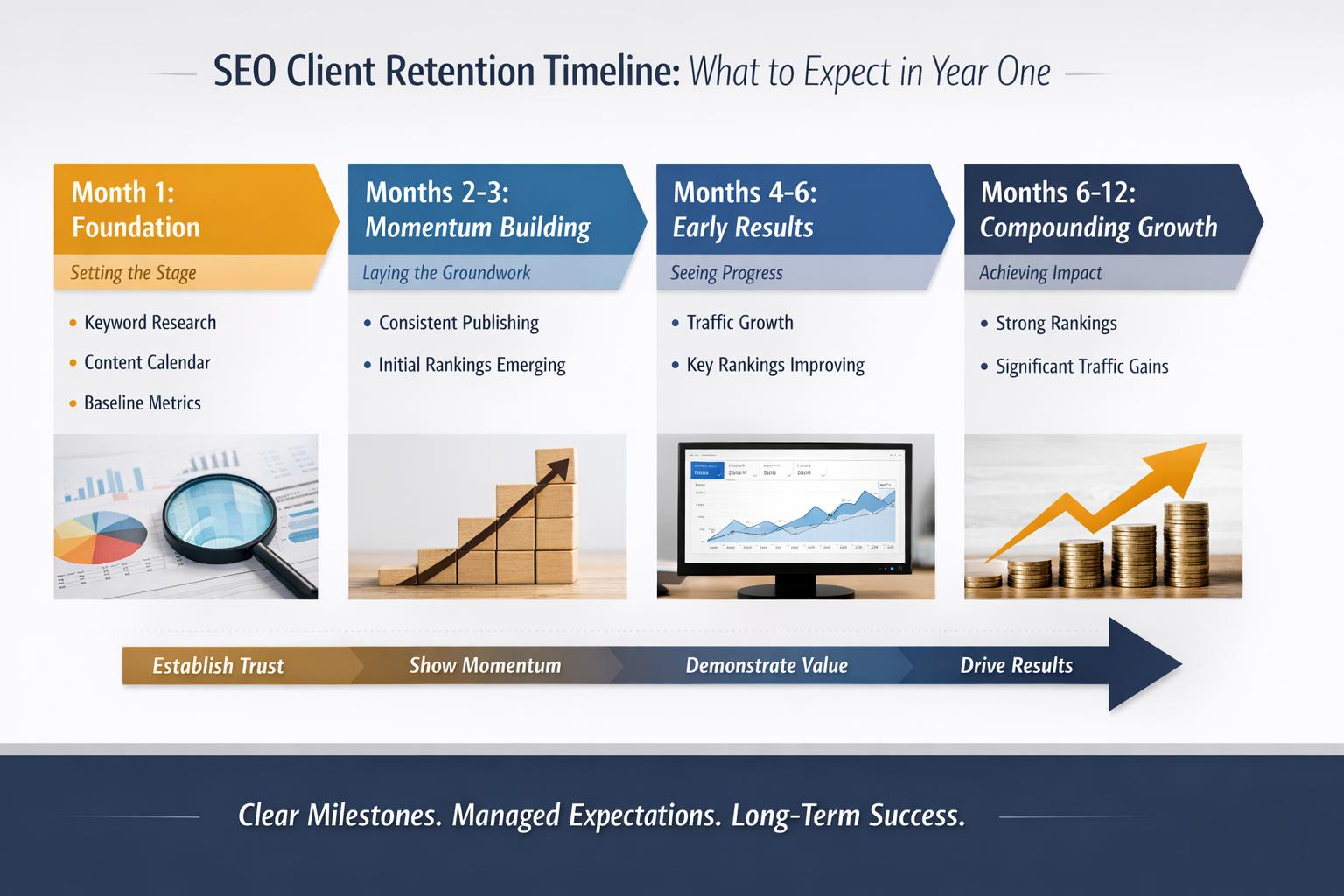 Timeline showing SEO client retention expectations from month one through year one