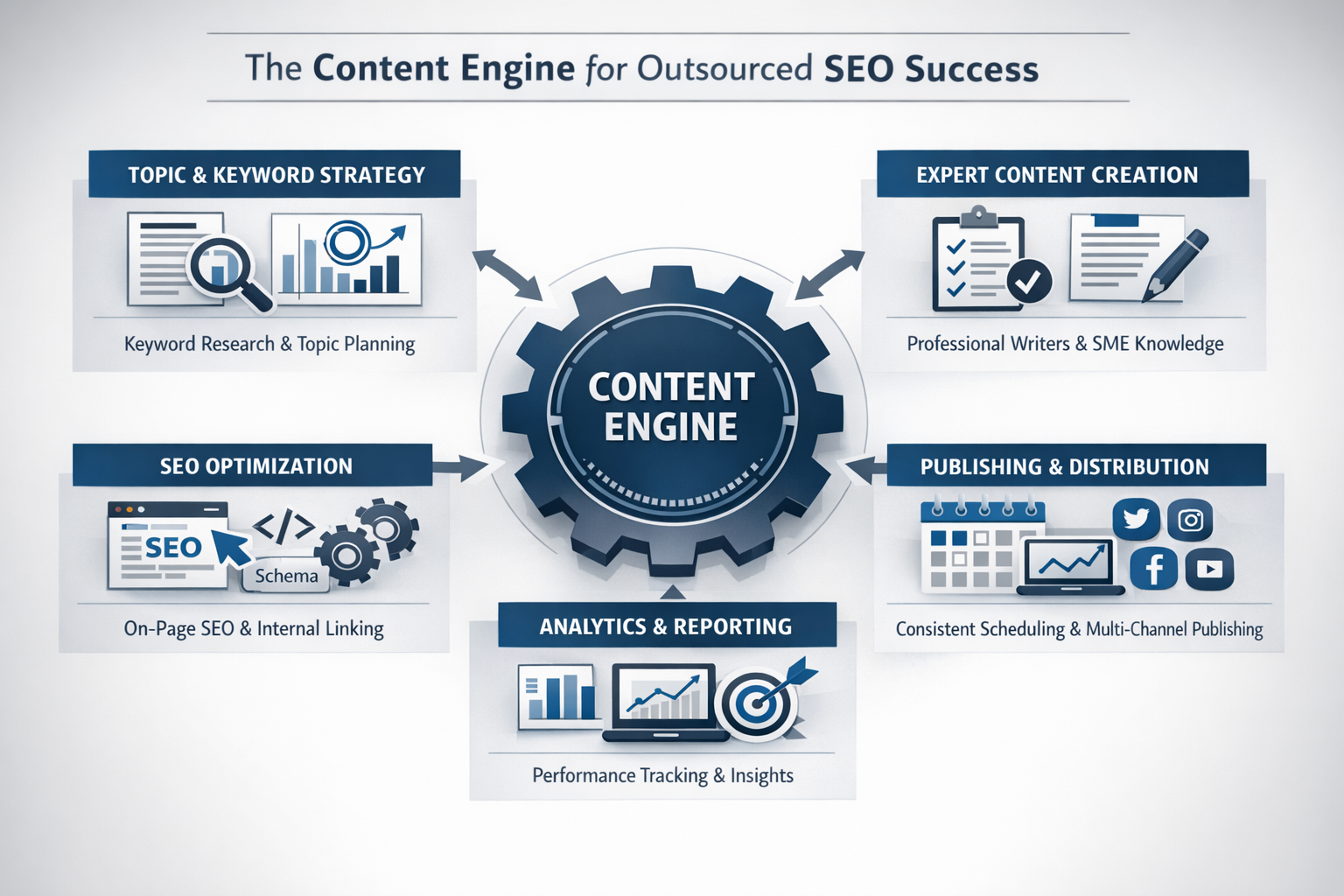 Diagram showing components of a content engine system used by teams outsourcing SEO content successfully
