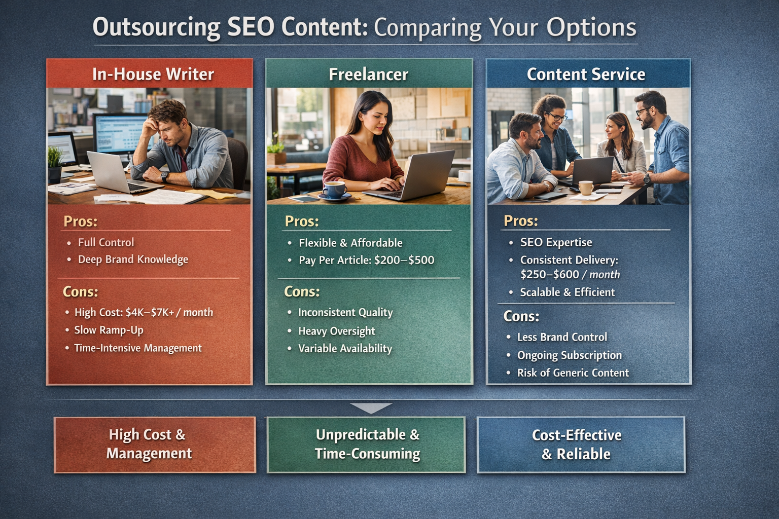 Compare costs and benefits of different approaches to outsourcing SEO content production.