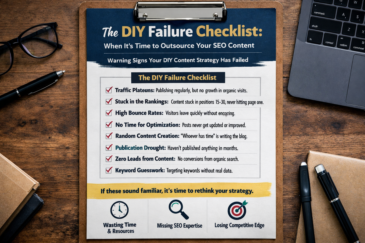 Checklist showing warning signs that indicate when DIY content has failed and outsourcing SEO content becomes necessary