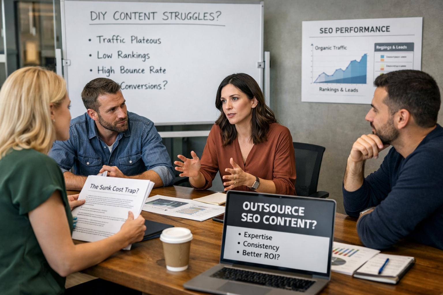 Marketing team reviewing content strategy and considering outsourcing SEO content for better results