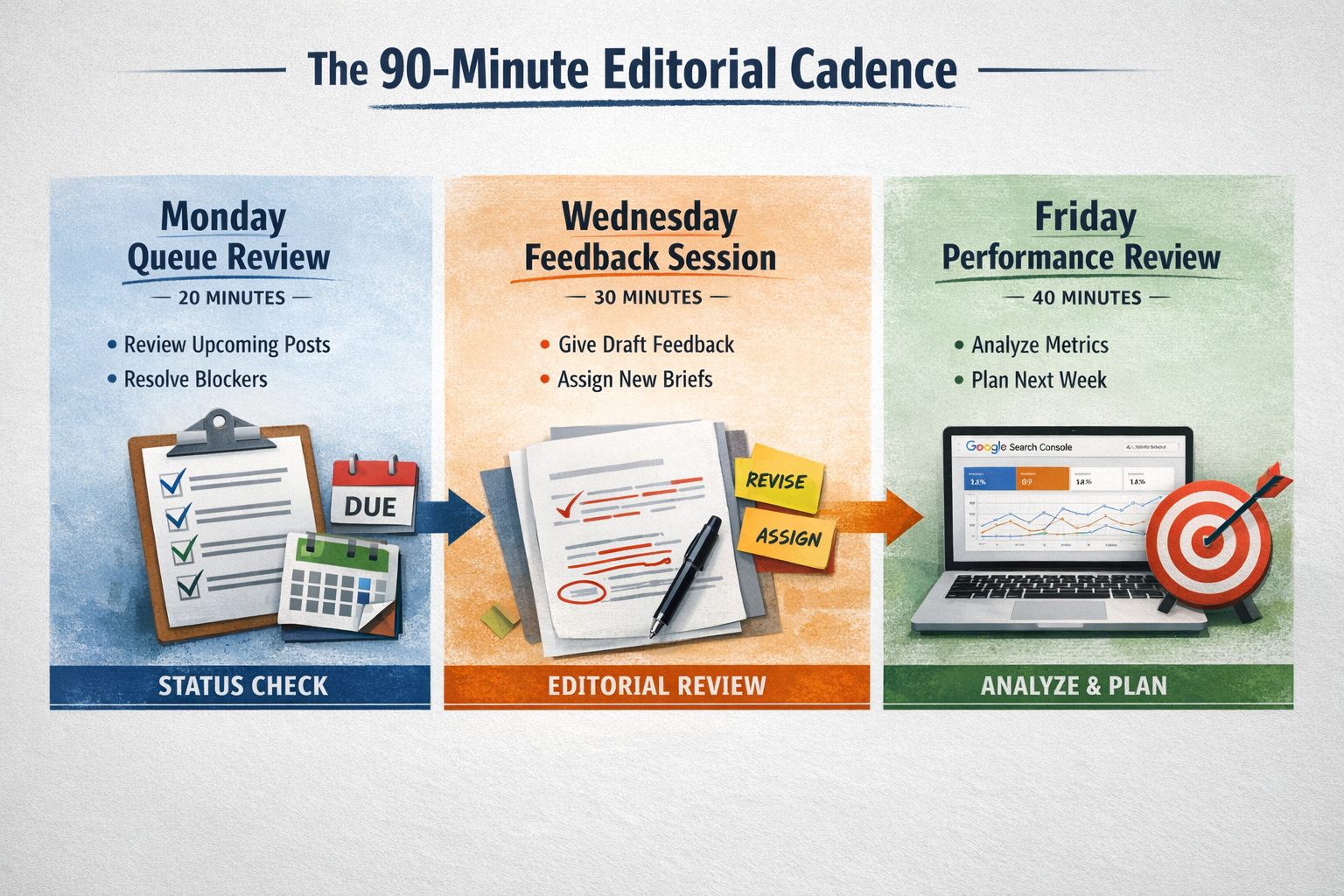  Visual diagram showing 90-minute editorial cadence broken into Monday queue review, Wednesday feedback, and Friday performance sessions