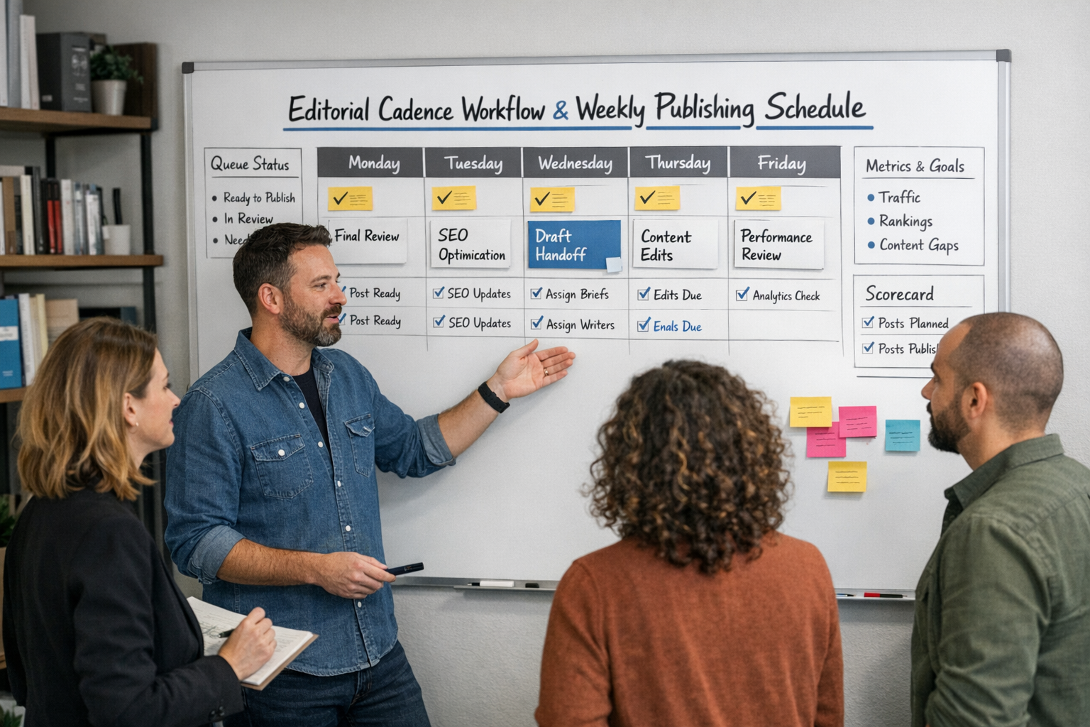 Marketing team reviewing editorial cadence workflow on whiteboard with weekly content publishing schedule