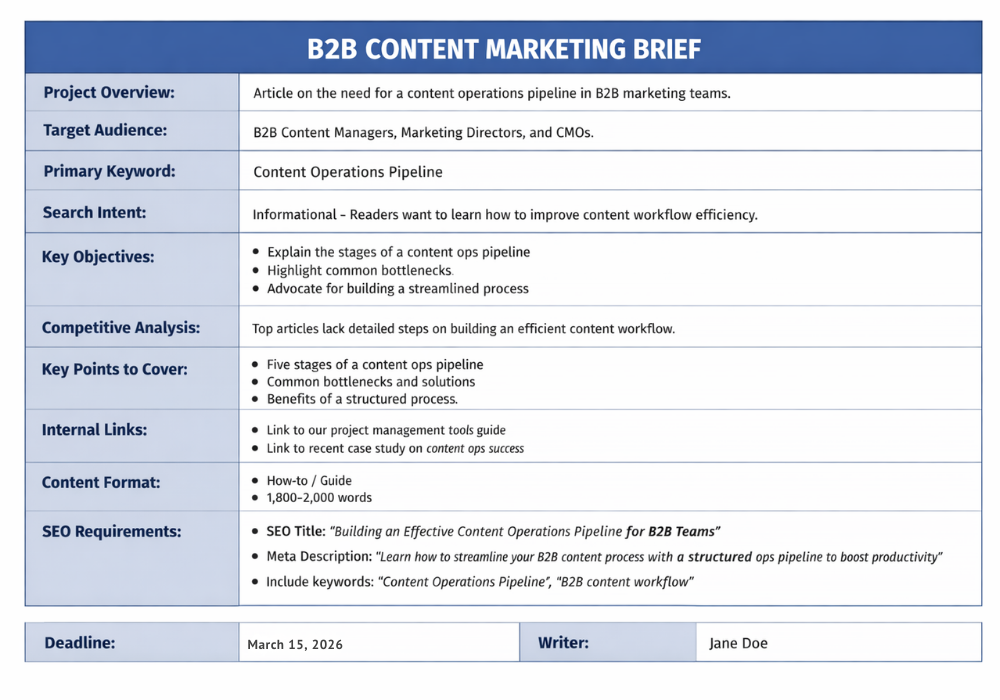Example of a complete B2B content marketing brief showing all required input fields