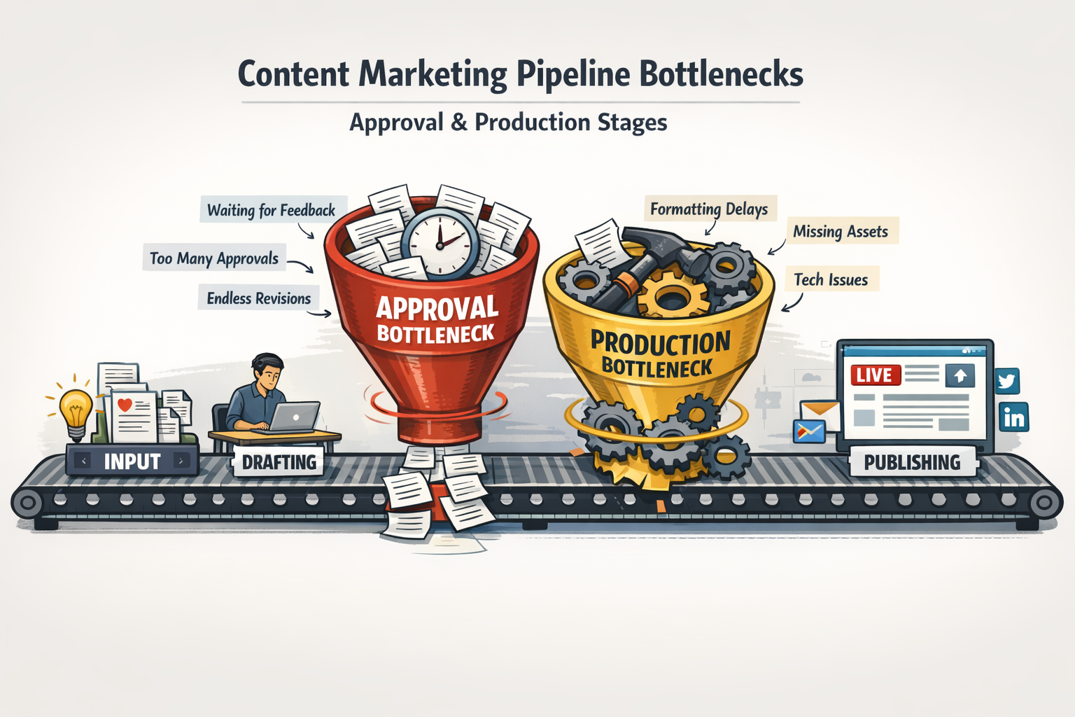 Visual representation of content marketing pipeline bottlenecks in approval and production stages