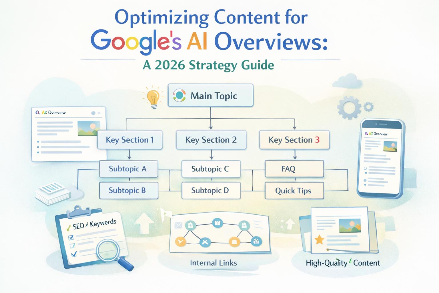 Content optimization strategy for Google AI Overviews showing structured hierarchical content layout