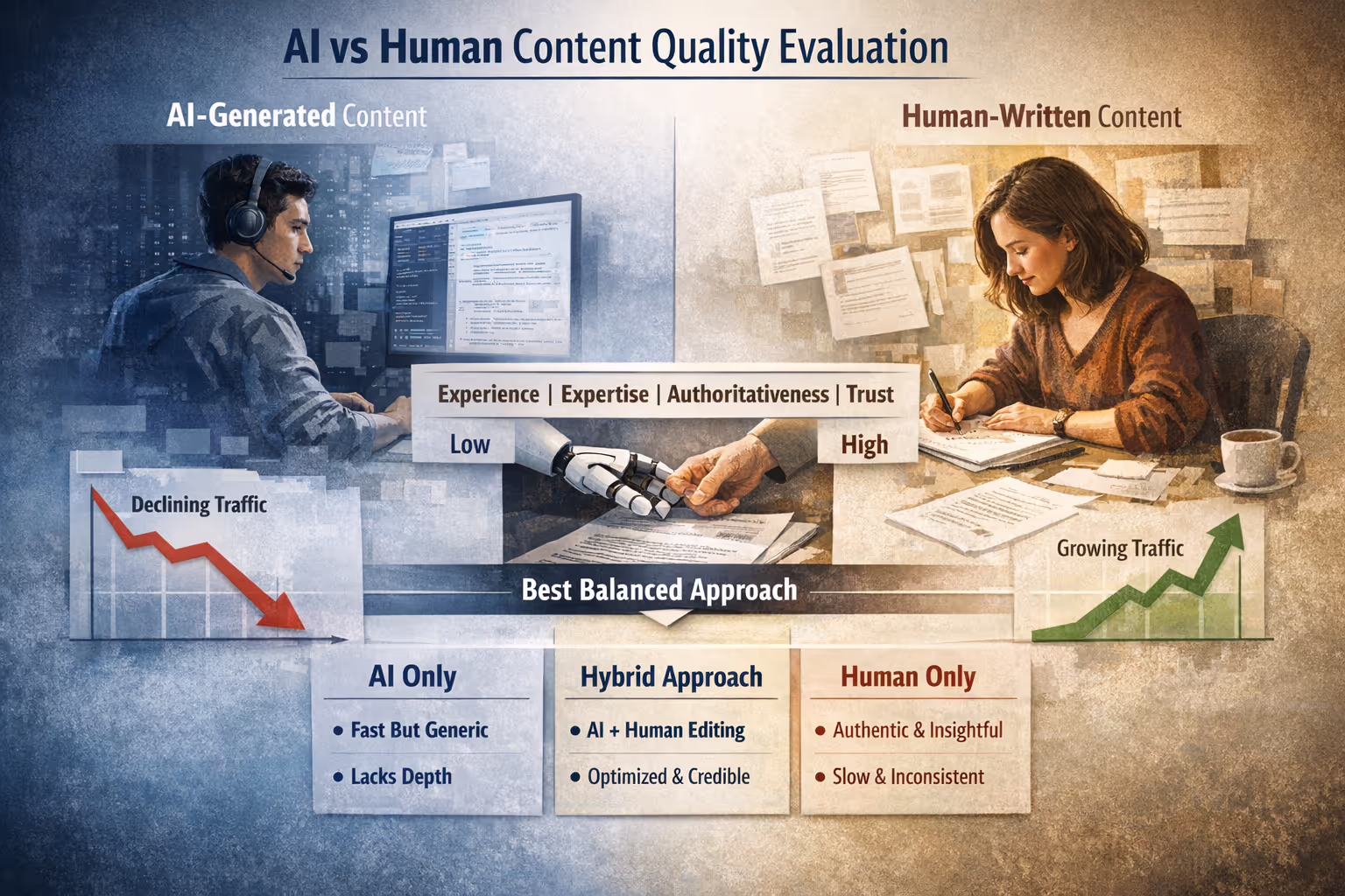 ai vs human content quality evaluation showing experience expertise authoritativeness trust
