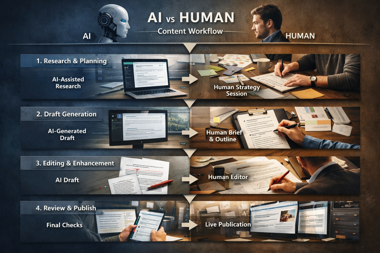 ai vs human content workflow showing four stages from research to publication