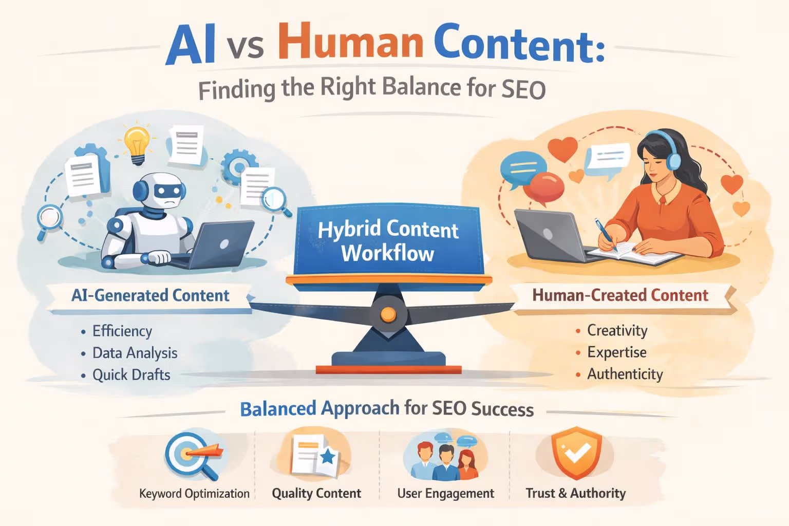ai vs human content comparison showing hybrid content workflow for seo success