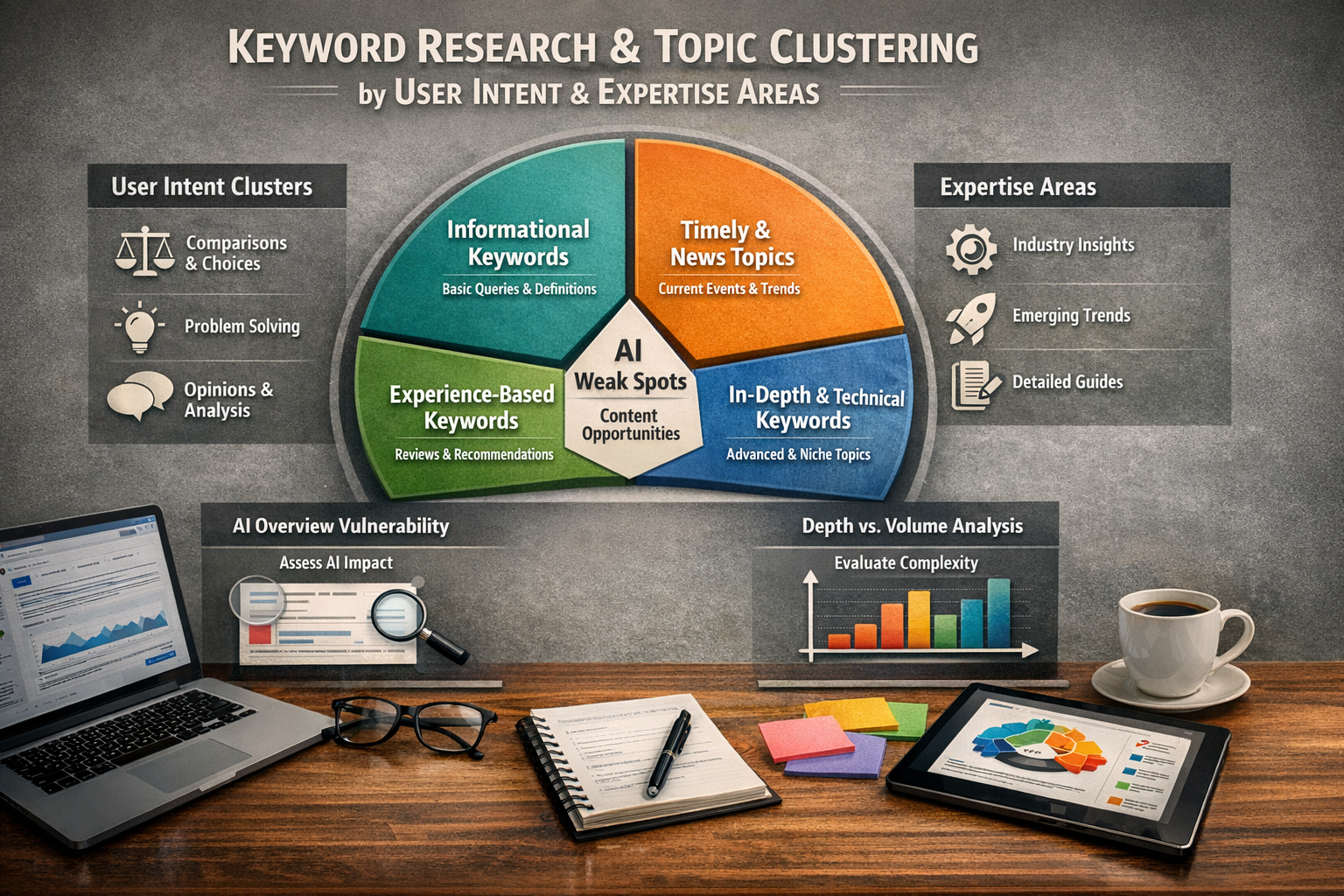 Visual representation of keyword research topic clustering by user intent and expertise areas
