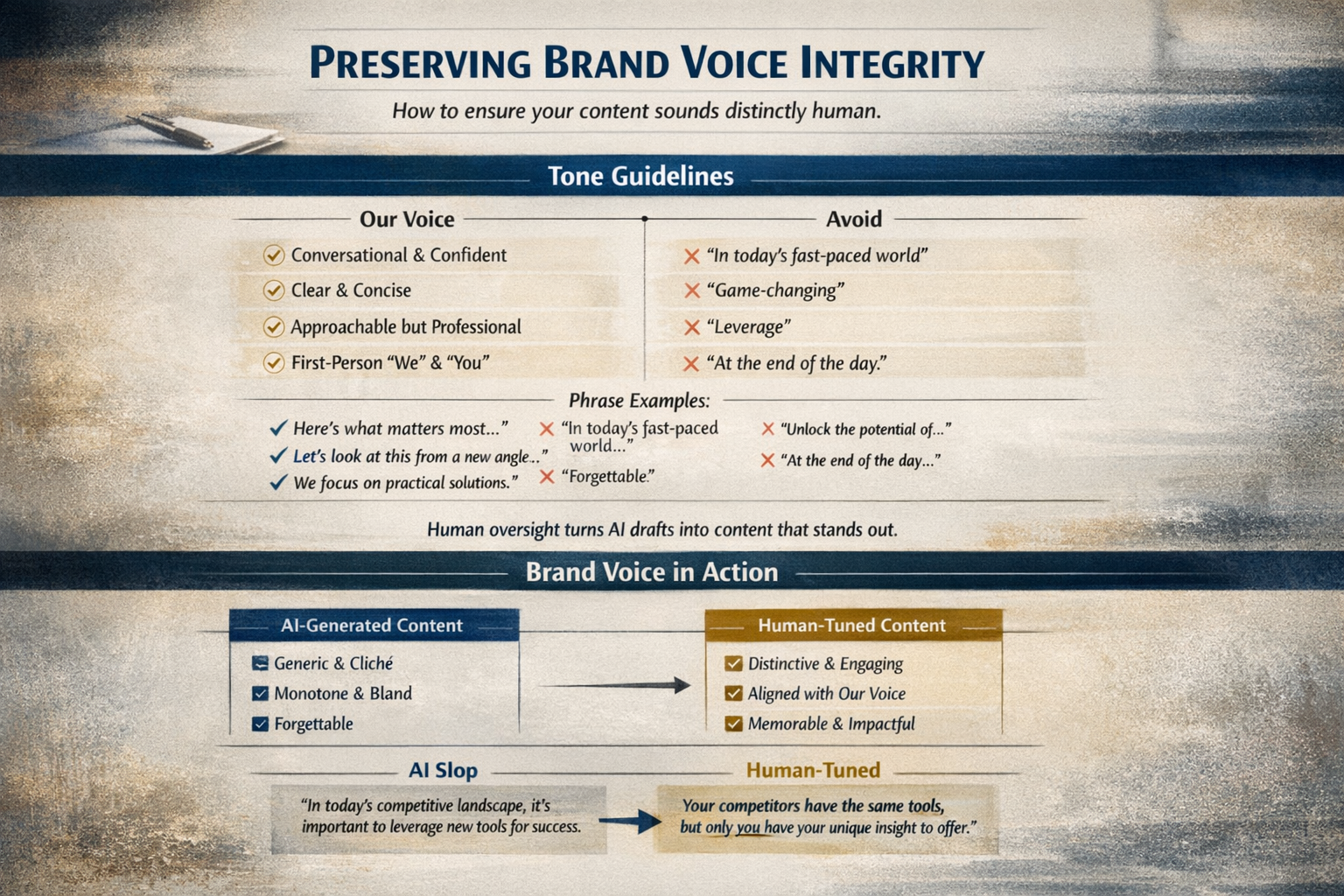 Template showing brand voice integrity standards with tone guidelines and phrase examples