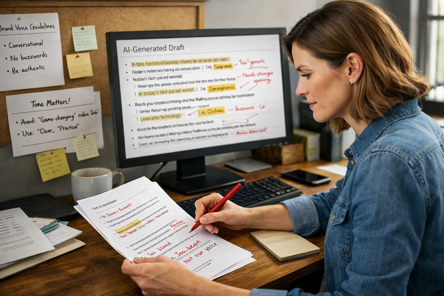 Content editor reviewing and calibrating AI-generated text for brand voice integrity