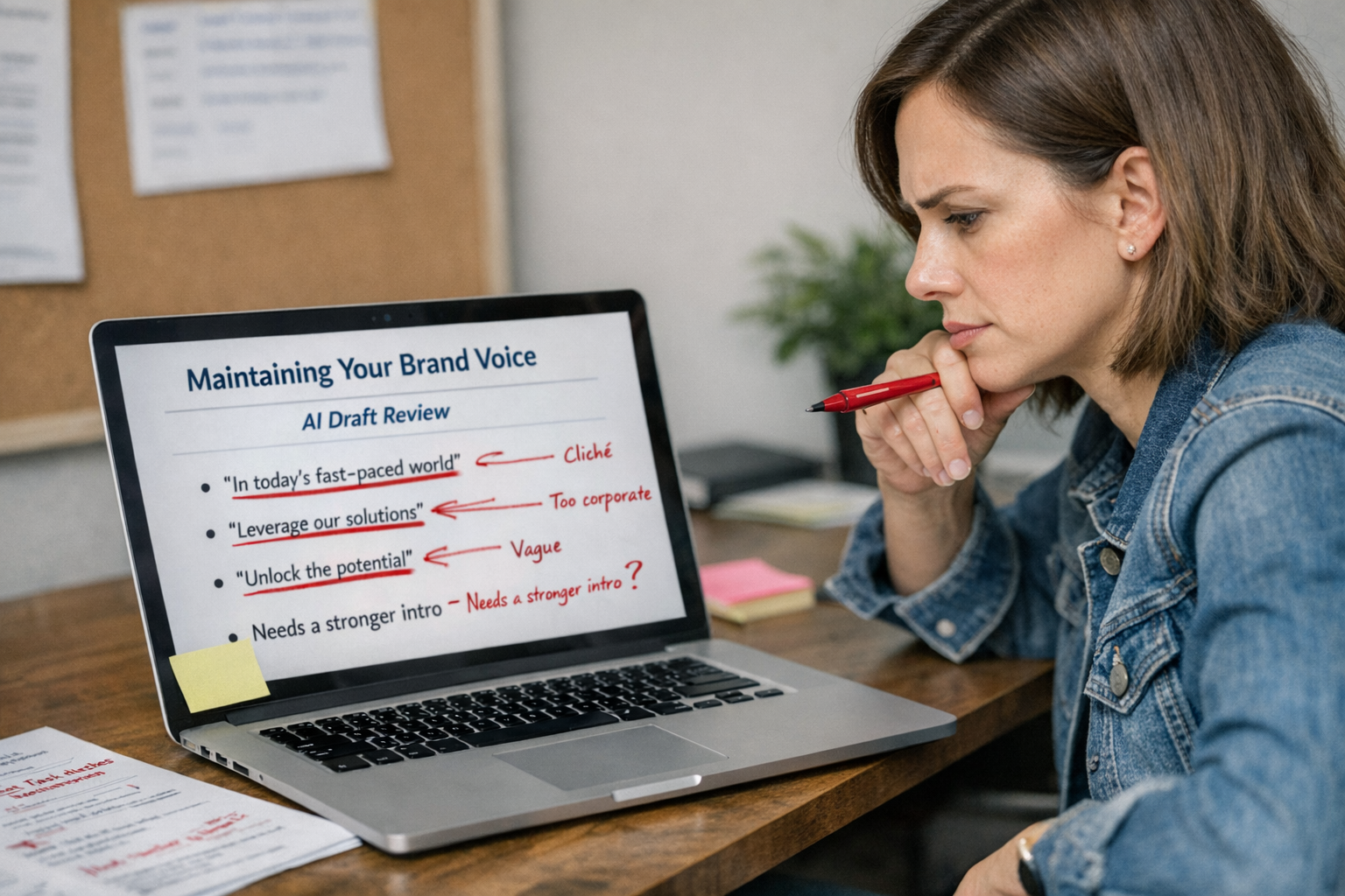 Editor reviewing brand voice integrity in AI-generated content on laptop