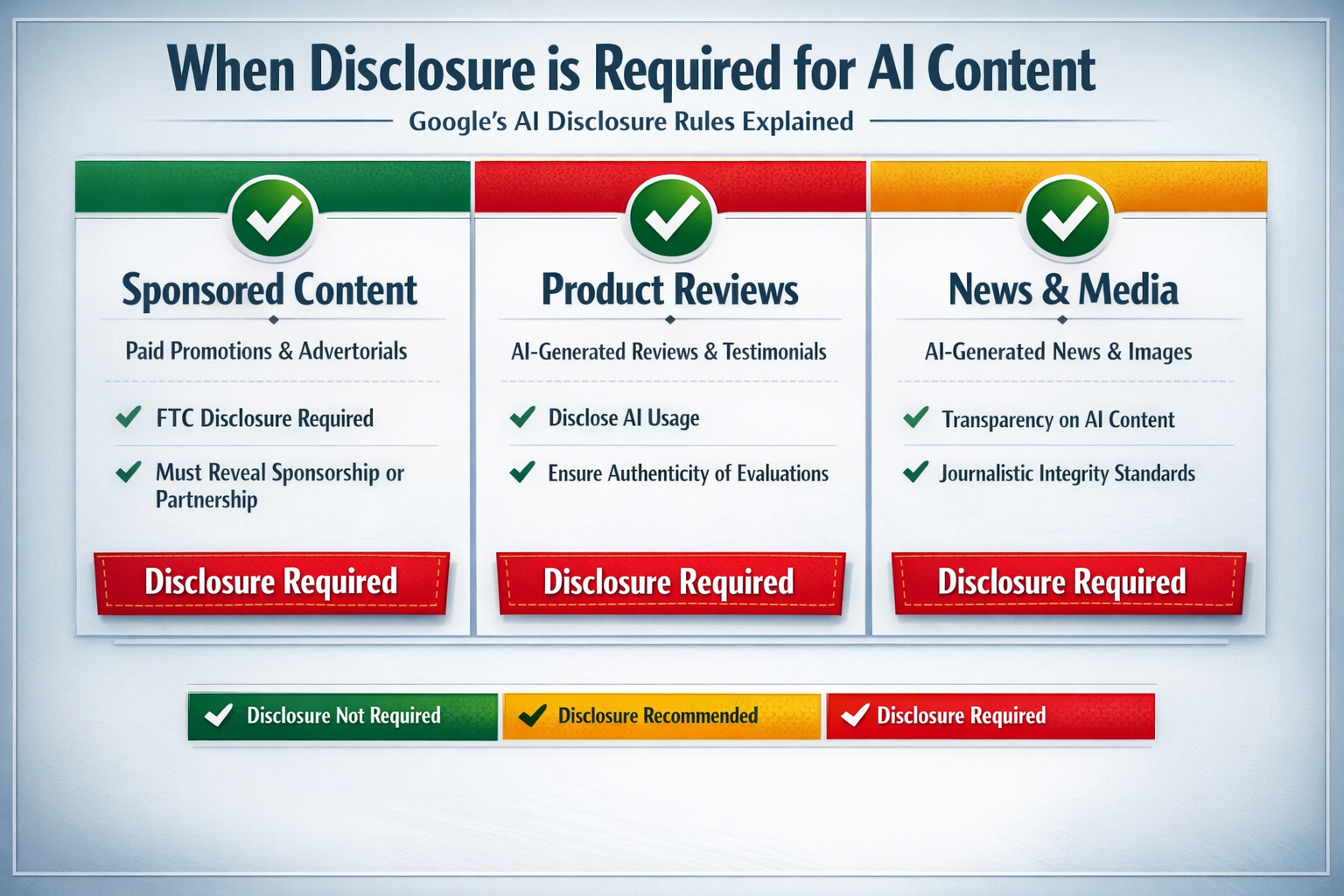 Chart showing when Google AI content rules require disclosure for sponsored content, reviews, and media