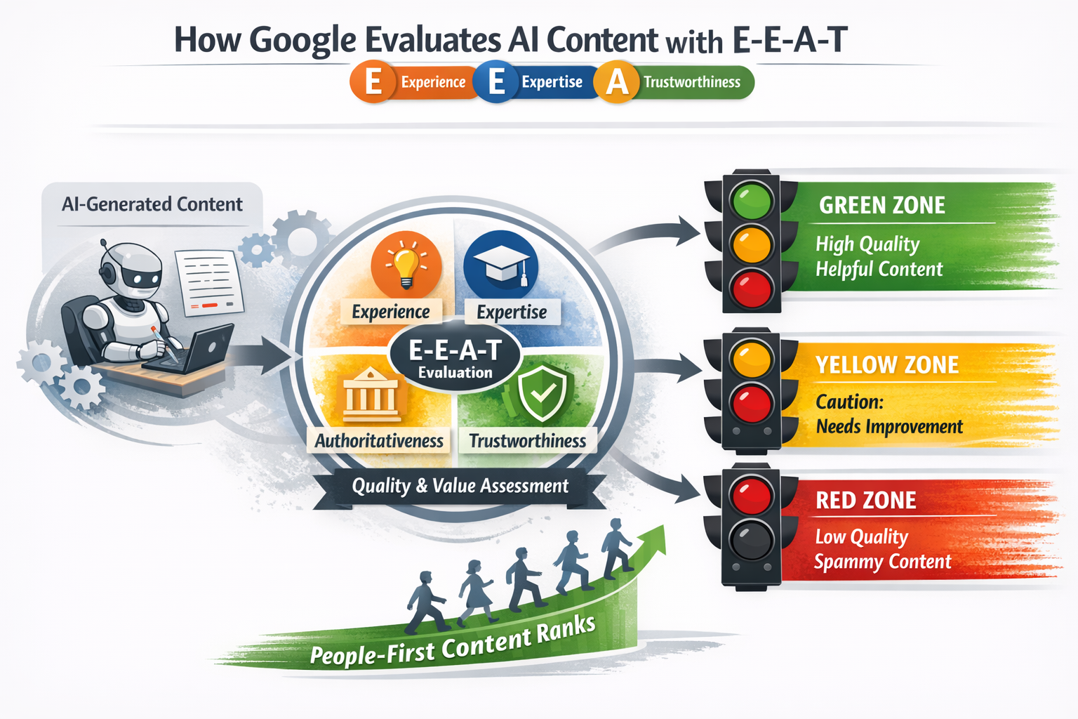 Diagram illustrating Google AI content rules evaluation process using Experience, Expertise, Authoritativeness, and Trustworthiness