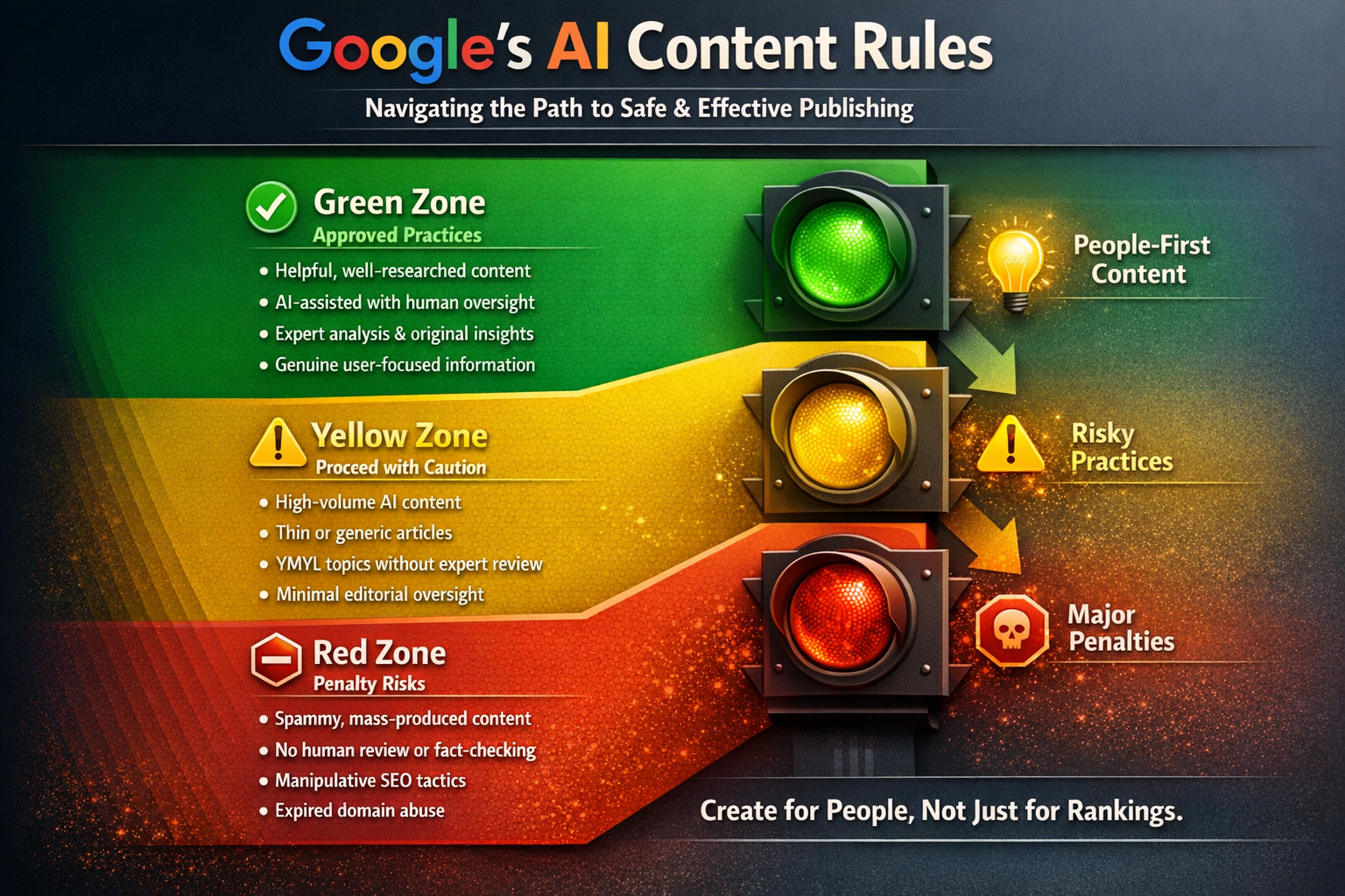 Visual framework showing Google AI content rules with green approved zone, yellow caution zone, and red penalty zone