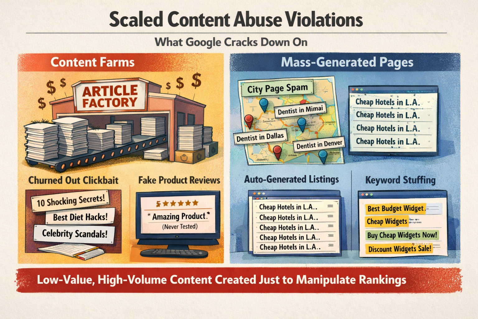 Visual examples of scaled content abuse violations under Google AI content rules including content farms and mass-generated pages