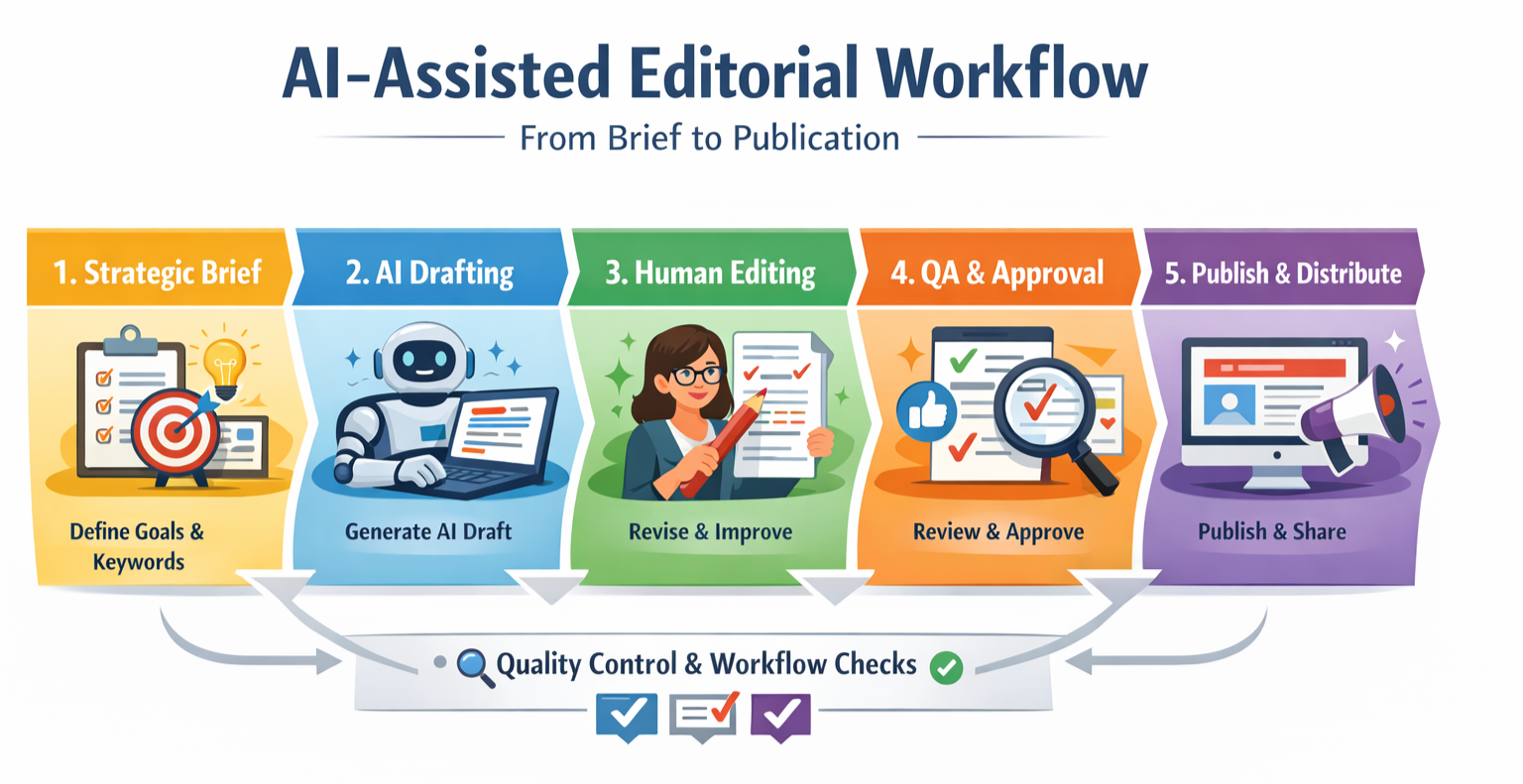 Five-Stage AI-Assisted Editorial Workflow Diagram Diagram illustrating the five stages of an ai-assisted editorial workflow from brief to publication