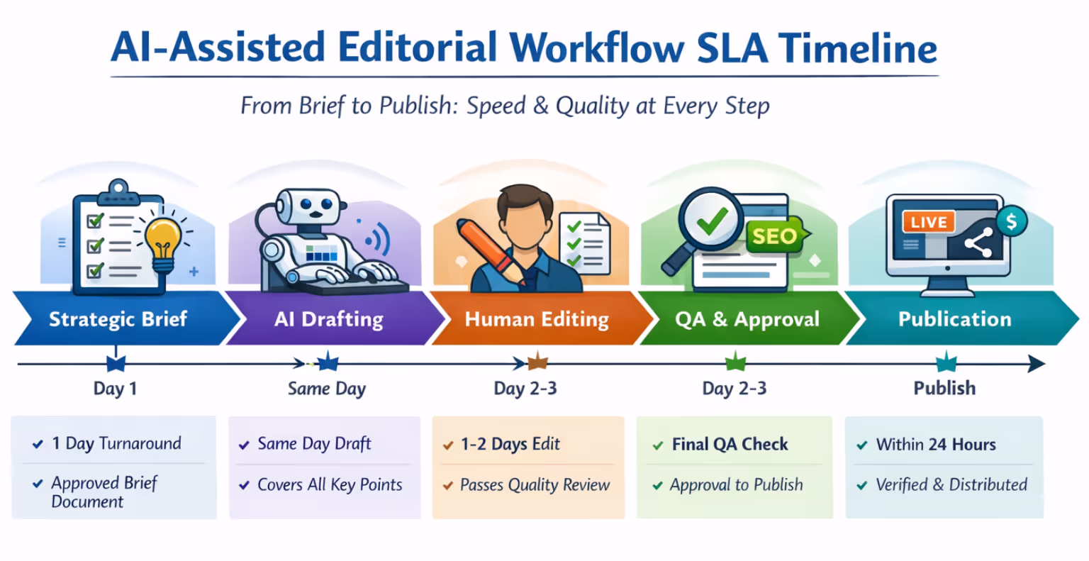 AI-Assisted Editorial Workflow Timeline and SLAs Timeline chart showing SLA requirements for each stage of ai-assisted editorial workflow