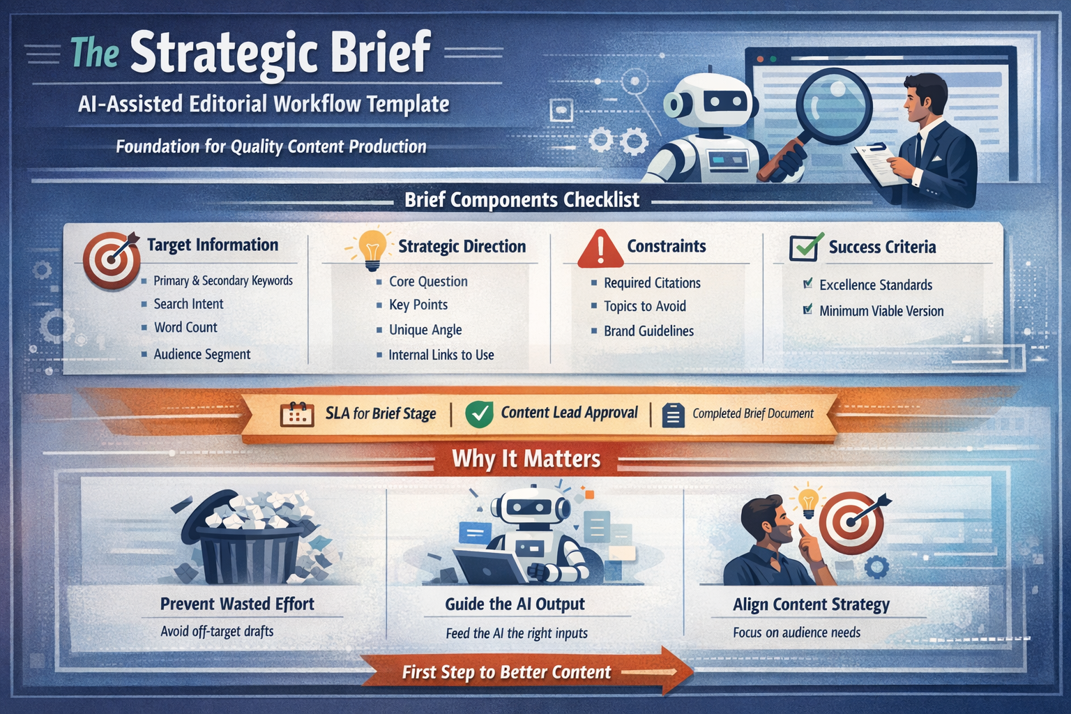 Strategic Content Brief Template for AI Workflow Template showing required components of strategic brief in ai-assisted editorial workflow