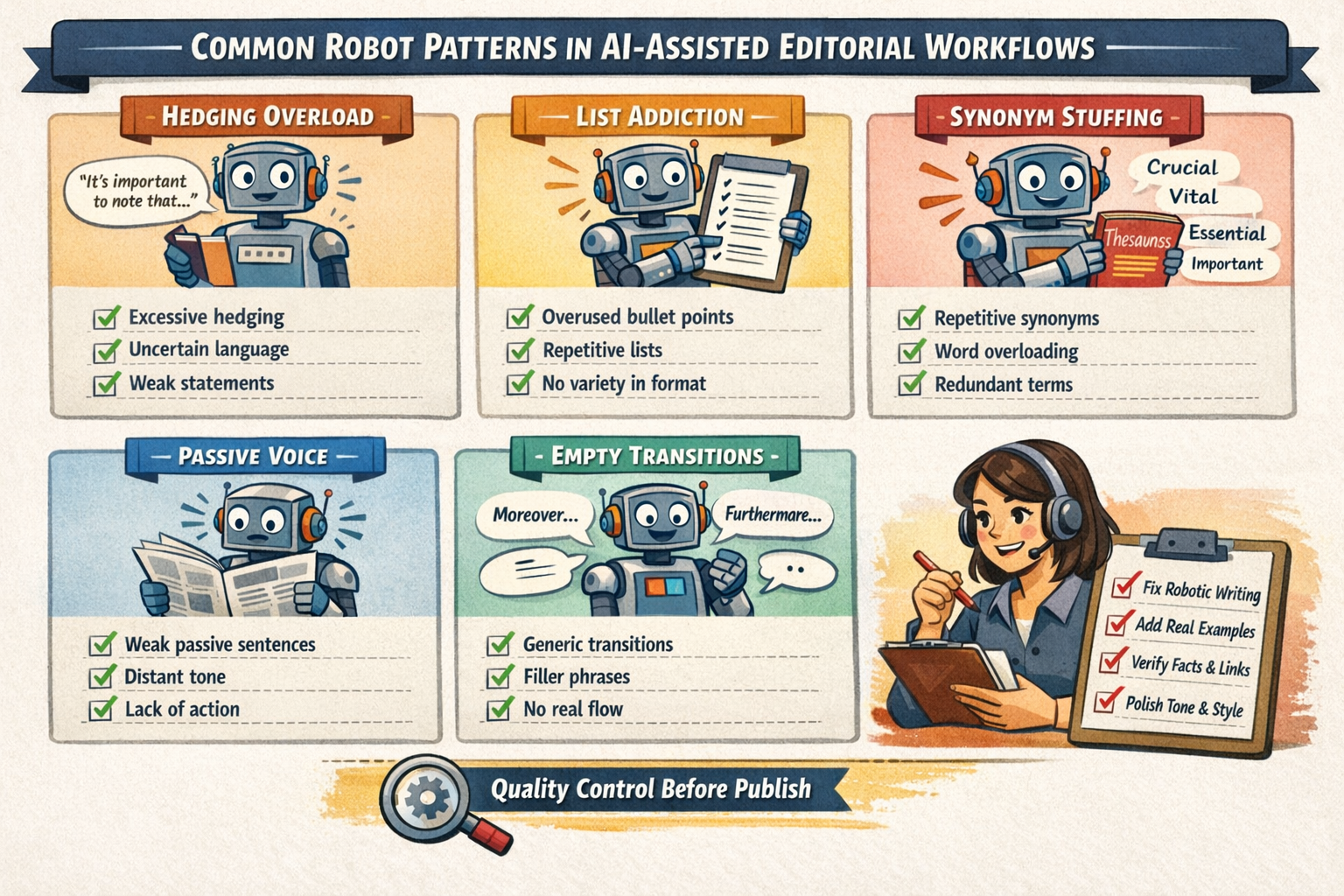 Robot Pattern Detection Checklist for AI Content Visual checklist showing common robot patterns in ai-assisted editorial workflow content